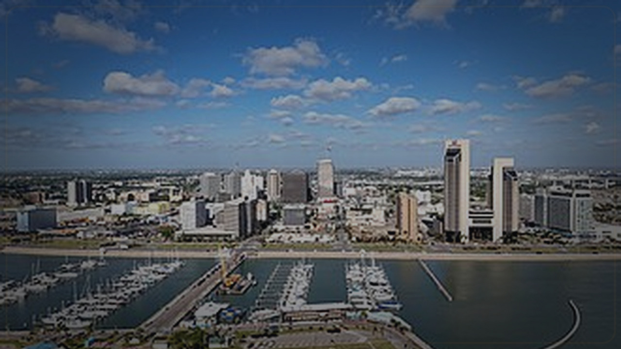 Corpus Christi skyline themed Pine Script service cover with dark market grading