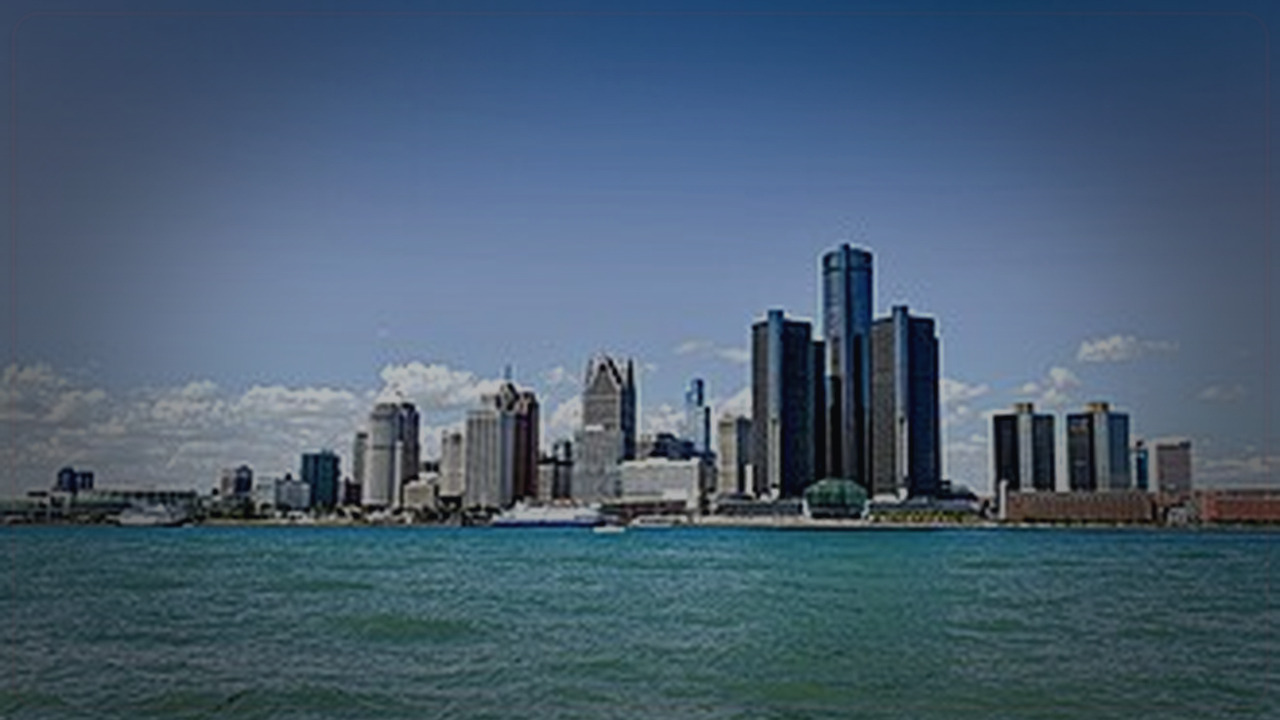 Detroit skyline themed Pine Script service cover with dark market grading