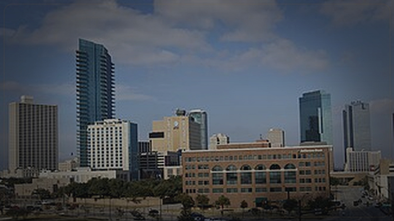 Fort Worth skyline themed Pine Script service cover with dark market grading