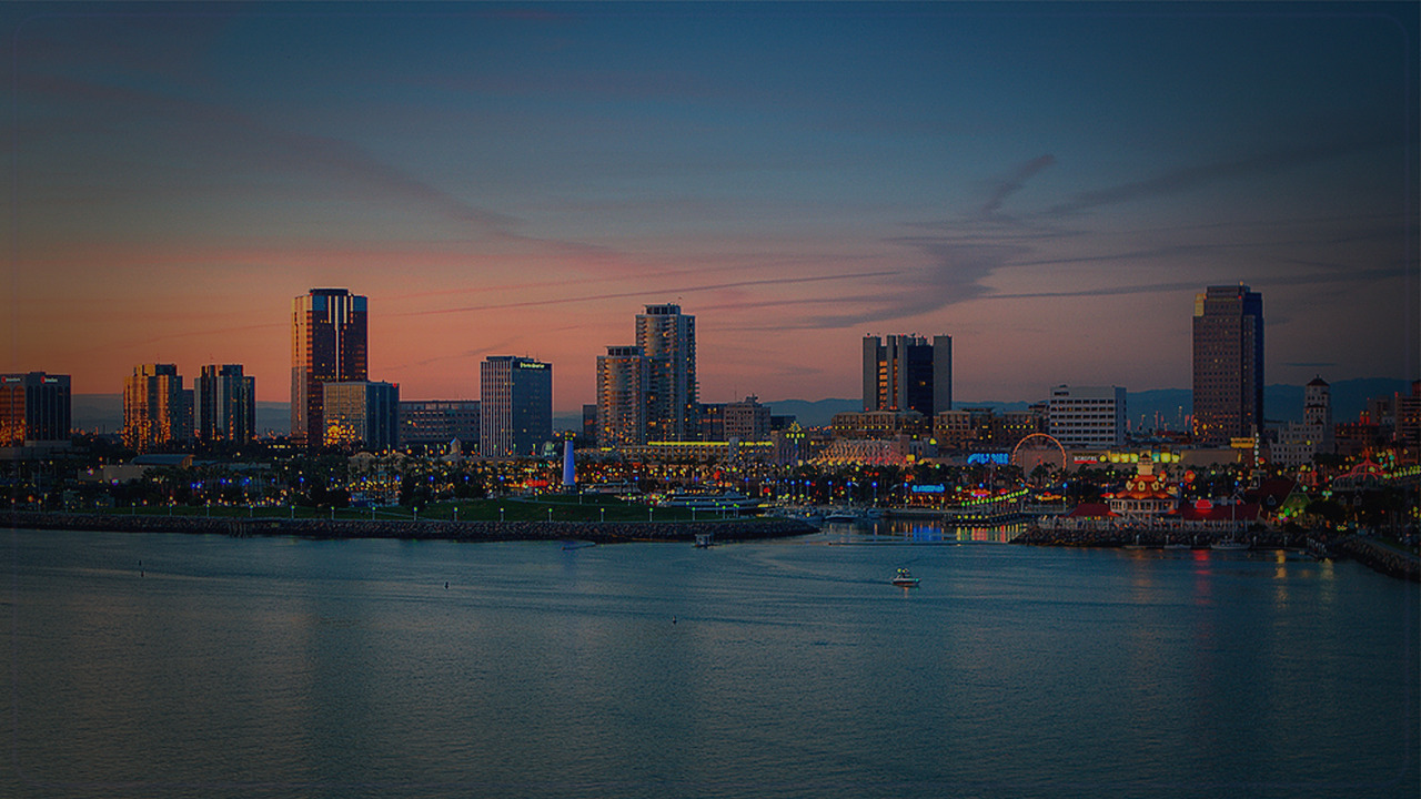 Long Beach skyline themed Pine Script service cover with dark market grading