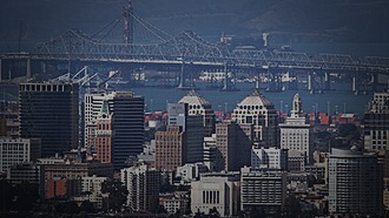 Oakland skyline themed Pine Script service cover with dark market grading