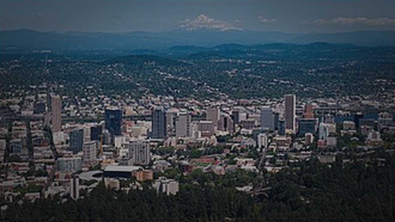 Portland skyline themed Pine Script service cover with dark market grading