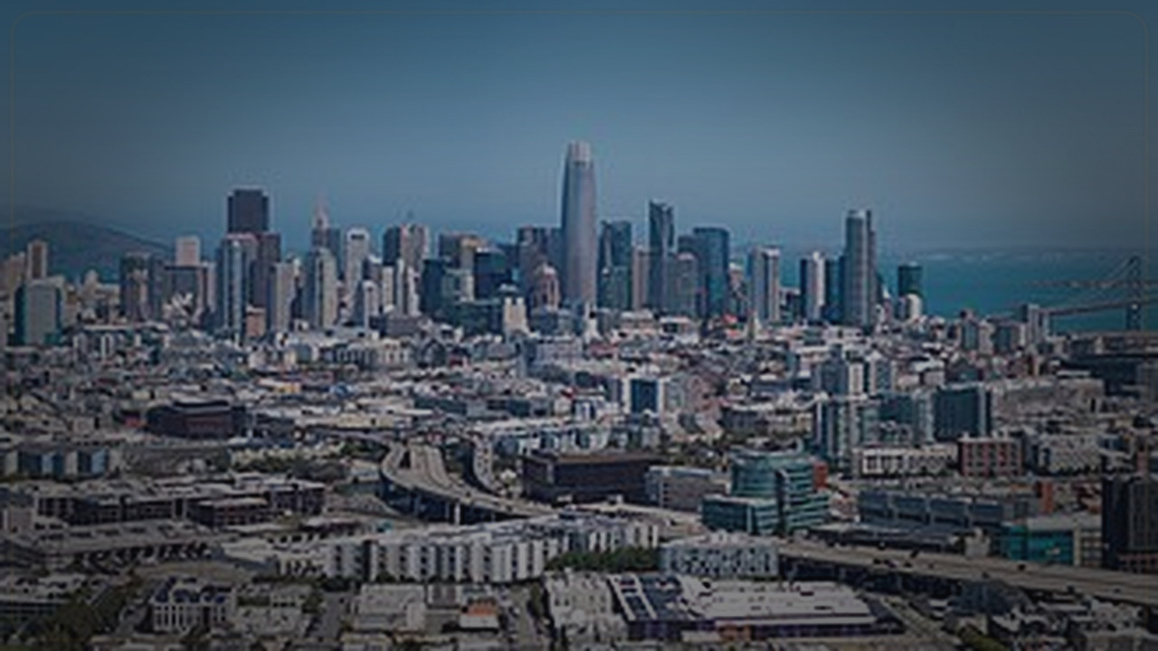 San Francisco skyline themed Pine Script service cover with dark market grading