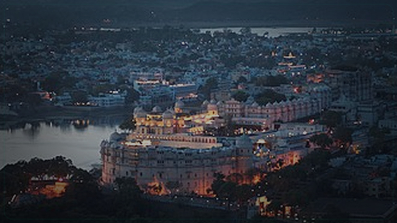 Udaipur India skyline themed Pine Script service cover with dark market grading