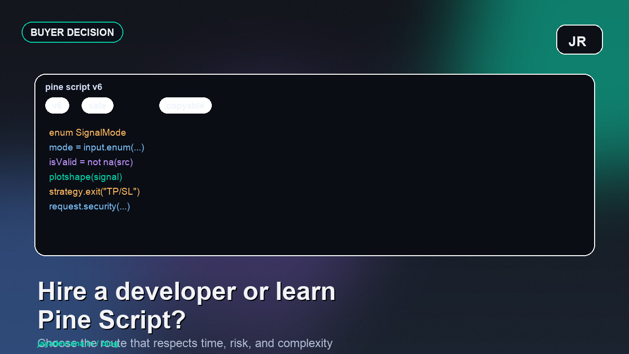 Decision guide cover for hiring a Pine Script developer versus learning yourself