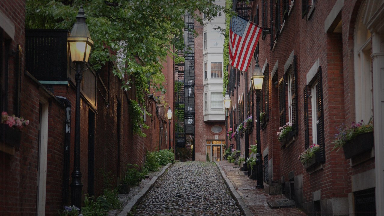 Boston skyline themed Pine Script service cover with dark market grading