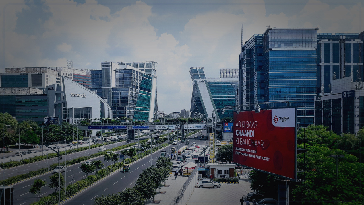 Gurugram India skyline themed Pine Script service cover with dark market grading