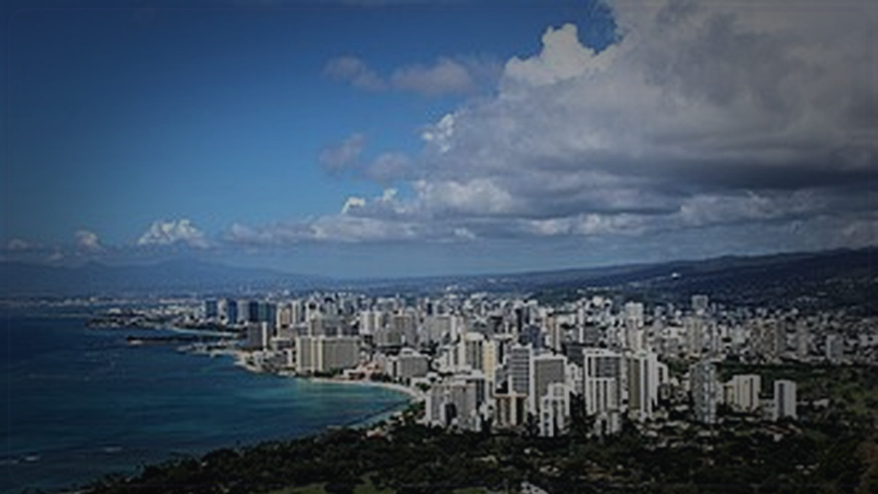 Honolulu skyline themed Pine Script service cover with dark market grading