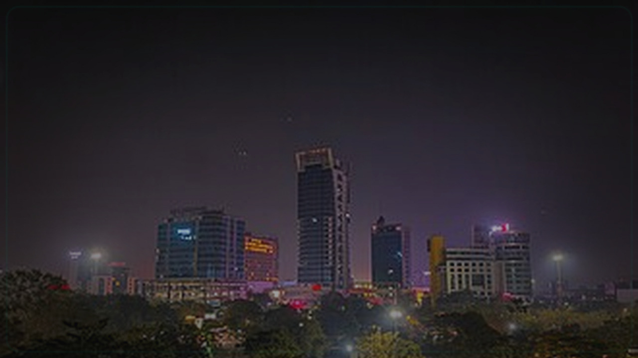 Navi Mumbai India skyline themed Pine Script service cover with dark market grading