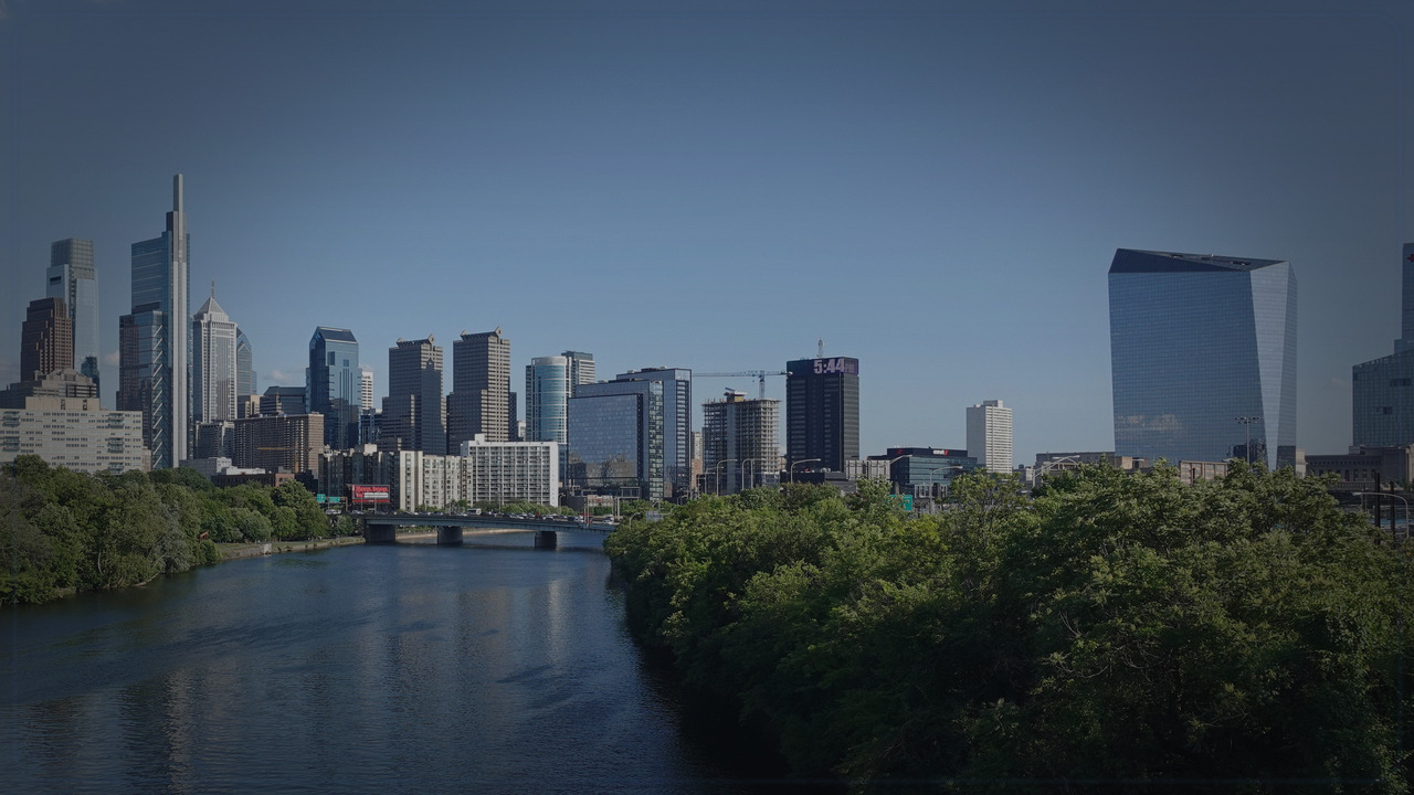 Philadelphia skyline themed Pine Script service cover with dark market grading