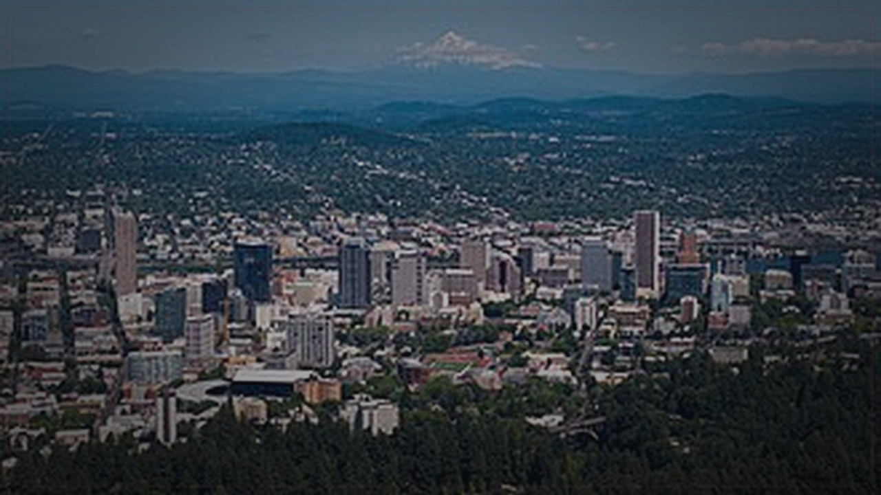 Portland skyline themed Pine Script service cover with dark market grading