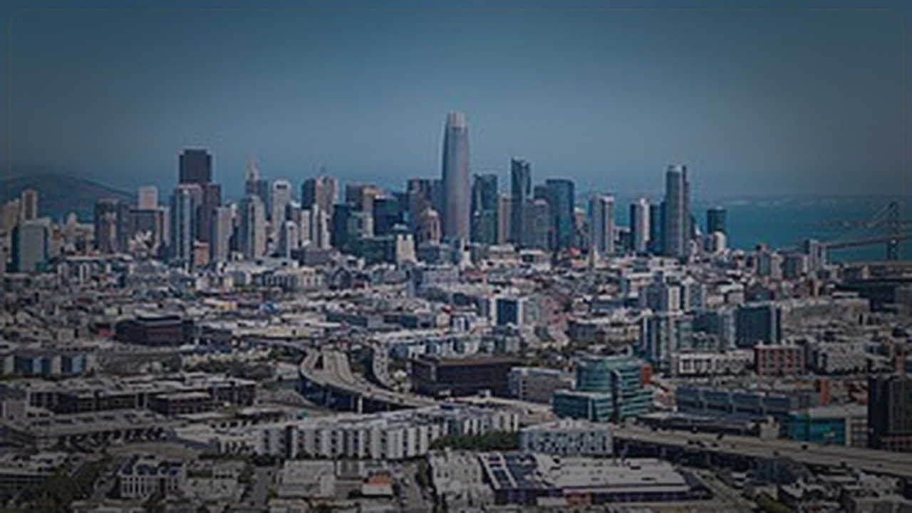 San Francisco skyline themed Pine Script service cover with dark market grading