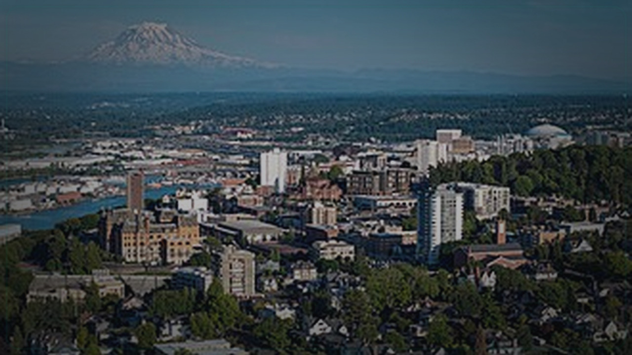 Tacoma skyline themed Pine Script service cover with dark market grading