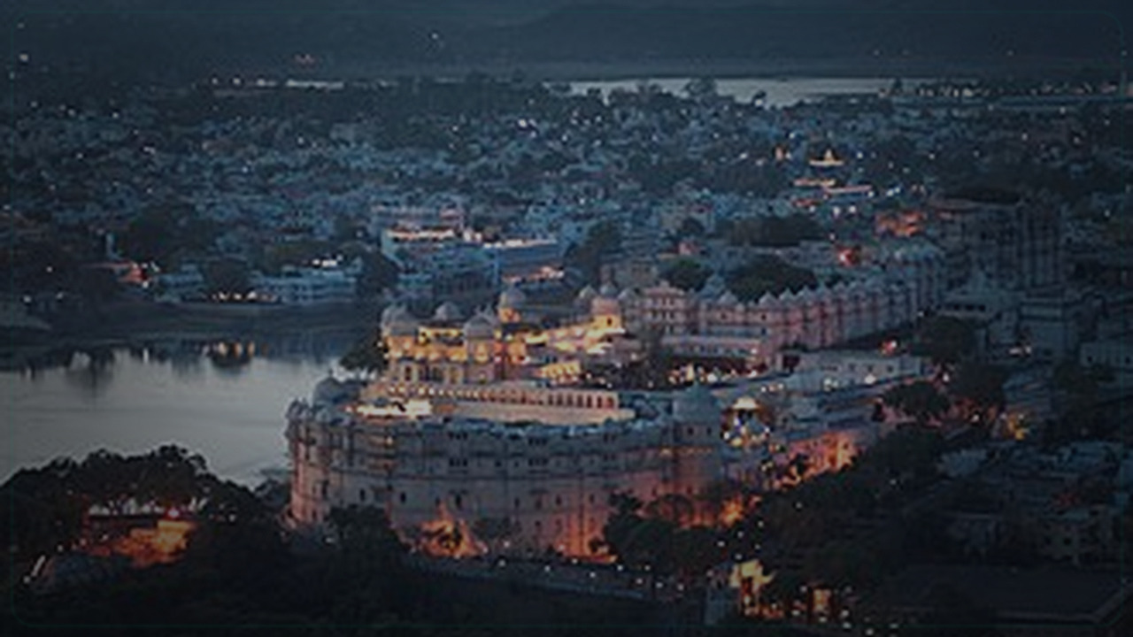 Udaipur India skyline themed Pine Script service cover with dark market grading