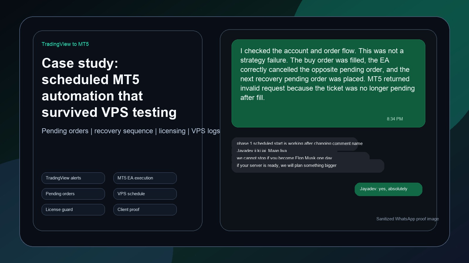 TradingView to MT5 Automation Case Study: Pending Orders, VPS Debugging, and Client Trust cover image