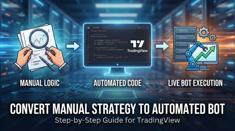 Infographic showing the three-step process of converting manual trading logic into automated code on TradingView, leading to live bot execution.